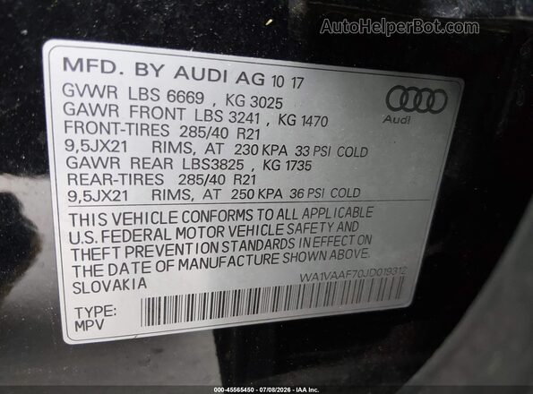 WA1VAAF70JD019312 2018 AUDI Q7 Black Vista del compartimento del motor