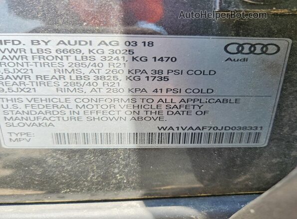 WA1VAAF70JD038331 2018 AUDI Q7 Charcoal Widok naklejki z numerem VIN