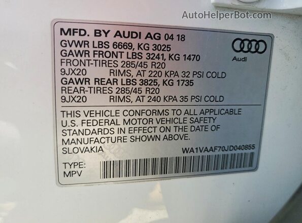 WA1VAAF70JD040855 2018 AUDI Q7 White Вид наклейки з VIN-кодом