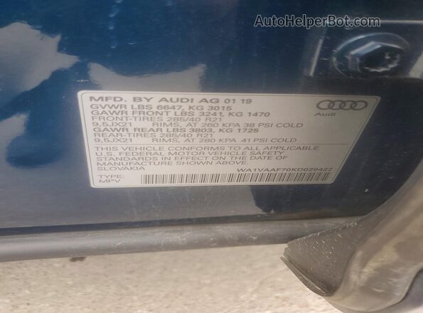 WA1VAAF70KD029422 2019 AUDI Q7 Turquoise VIN კოდის სტიკერის ხედი