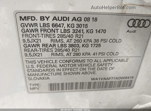 WA1VAAF71KD005419 2019 AUDI Q7 White Շարժիչի բաժամունքի տեսք