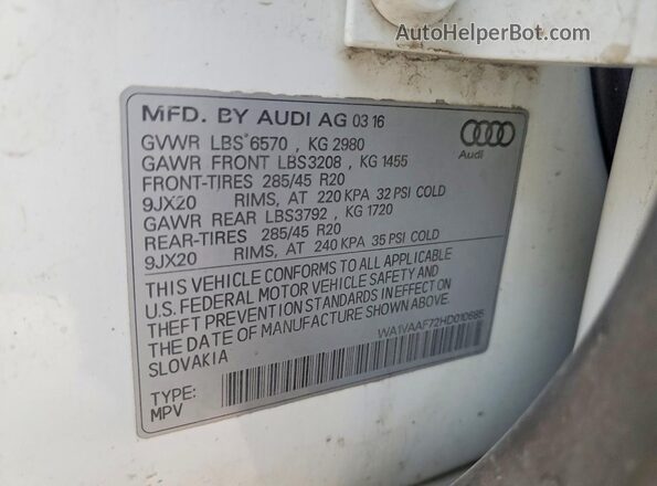 WA1VAAF72HD010685 2017 AUDI Q7 Белый Панорамный вид салона 360°