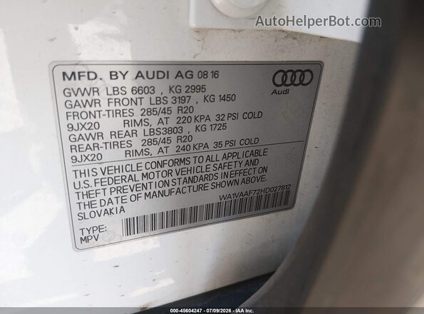 WA1VAAF72HD027812 2017 AUDI Q7 White Engine compartment view