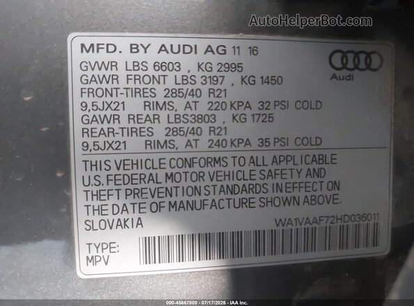 WA1VAAF72HD036011 2017 AUDI Q7 Gray Engine compartment view