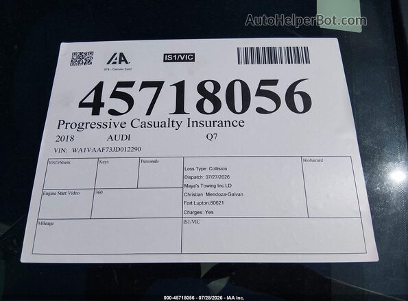 WA1VAAF73JD012290 2018 AUDI Q7 Blue Engine compartment view