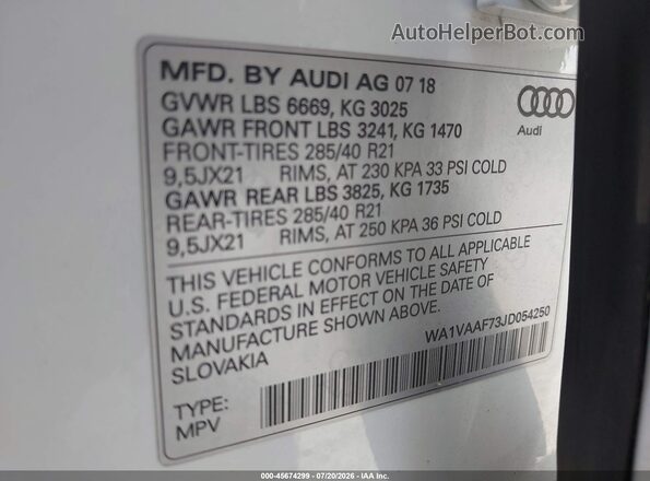 WA1VAAF73JD054250 2018 AUDI Q7 White Շարժիչի բաժամունքի տեսք