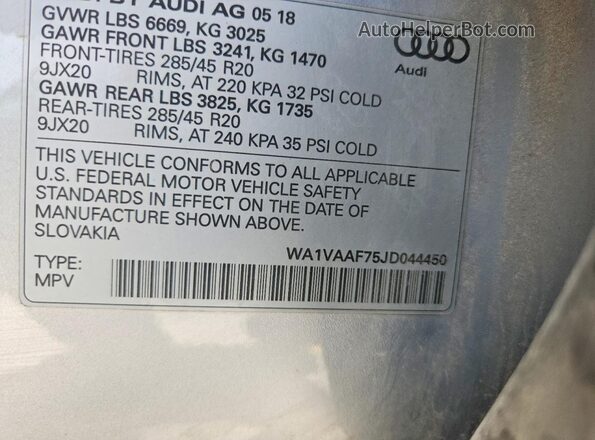 WA1VAAF75JD044450 2018 AUDI Q7 Silver Vista de la etiqueta del VIN