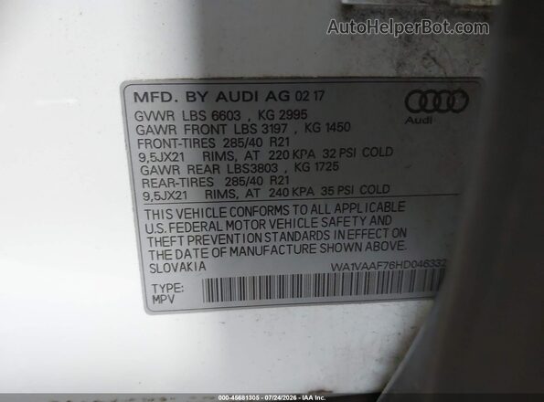WA1VAAF76HD046332 2017 AUDI Q7 Белый Вид подкапотного пространства