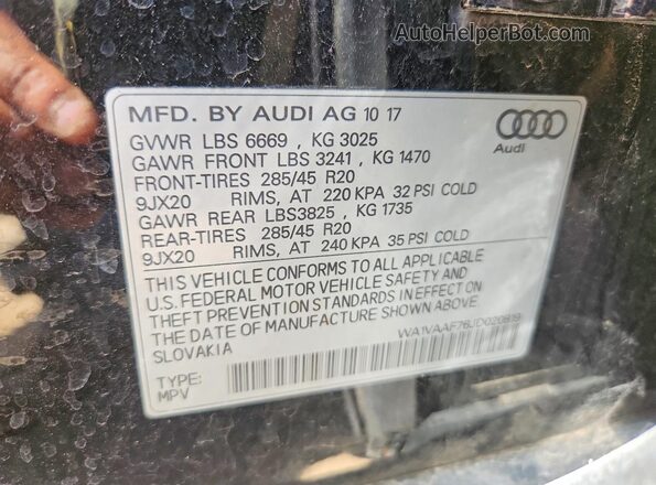 WA1VAAF76JD020819 2018 AUDI Q7 Black VIN კოდის სტიკერის ხედი