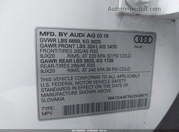 WA1VAAF76JD038575 2018 AUDI Q7 White Engine compartment view