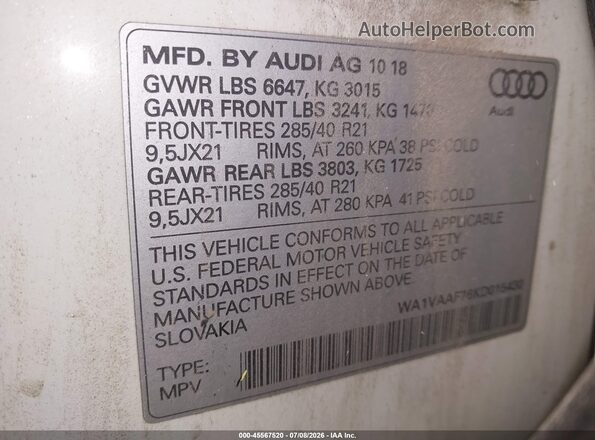 WA1VAAF76KD015430 2019 AUDI Q7 White Вид підкапотного простору