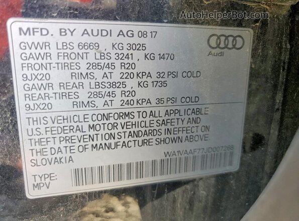 WA1VAAF77JD007268 2018 AUDI Q7 Black VIN sticker view