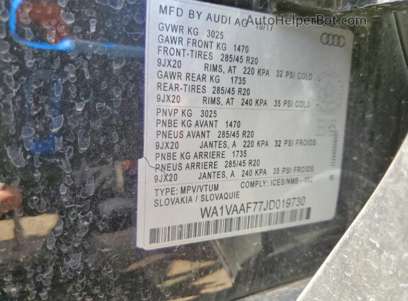 WA1VAAF77JD019730 2018 AUDI Q7 Black Vista de la etiqueta del VIN