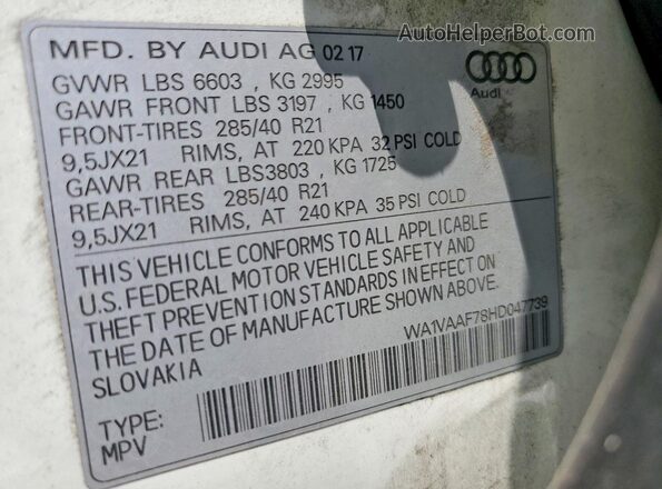 WA1VAAF78HD047739 2017 AUDI Q7 White VIN sticker view