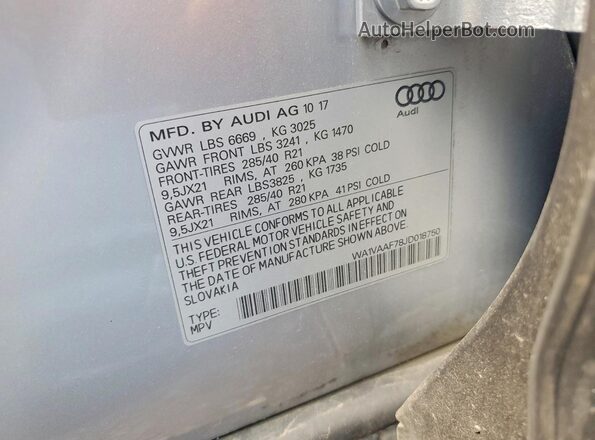 WA1VAAF78JD018750 2018 AUDI Q7 Silver Widok naklejki z numerem VIN