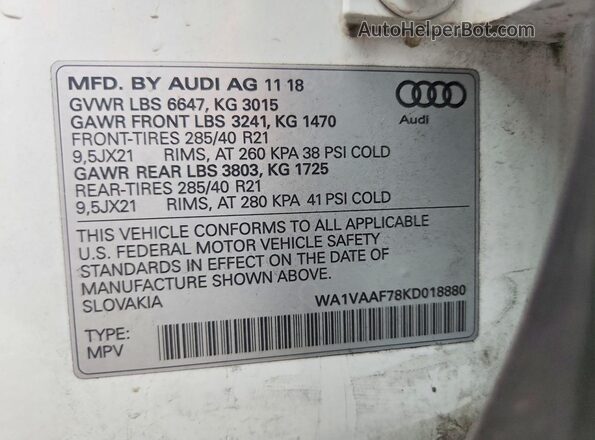WA1VAAF78KD018880 2019 AUDI Q7 White VIN კოდის სტიკერის ხედი