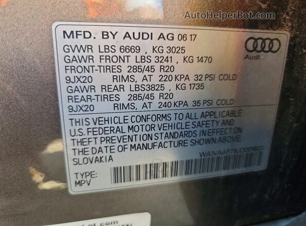 WA1VAAF79JD001603 2018 AUDI Q7 Charcoal VIN კოდის სტიკერის ხედი