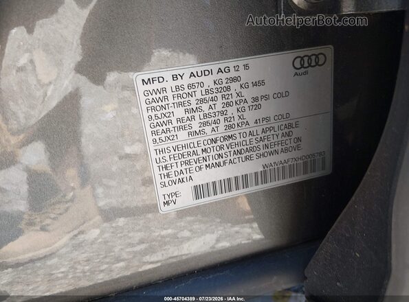 WA1VAAF7XHD005783 2017 AUDI Q7 Silver ძრავის განყოფილების ხედი