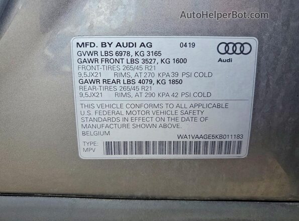 WA1VAAGE5KB011183 2019 AUDI E-TRON Gray VIN կոդի պիտակի տեսք