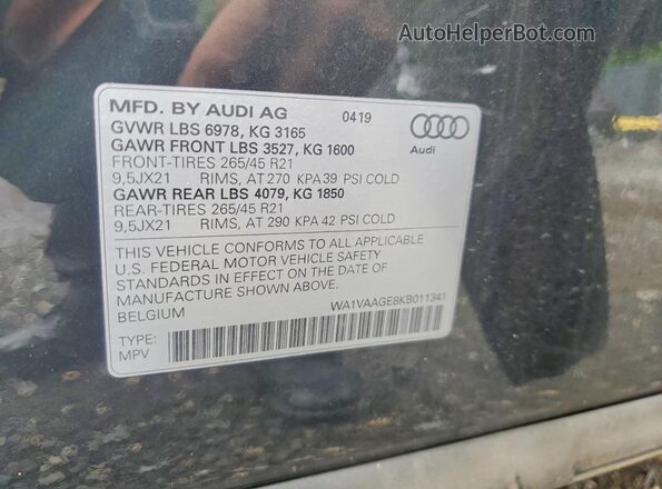 WA1VAAGE8KB011341 2019 AUDI E-TRON Серый Вид наклейки с VIN-кодом