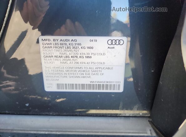 WA1VAAGE9KB011333 2019 AUDI E-TRON Black Вид підкапотного простору
