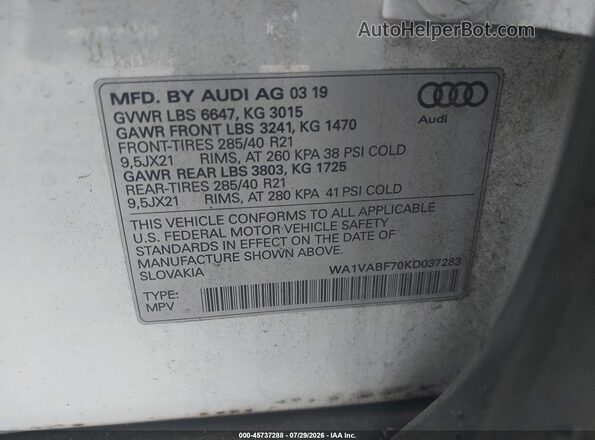 WA1VABF70KD037283 2019 AUDI Q7 White Շարժիչի բաժամունքի տեսք