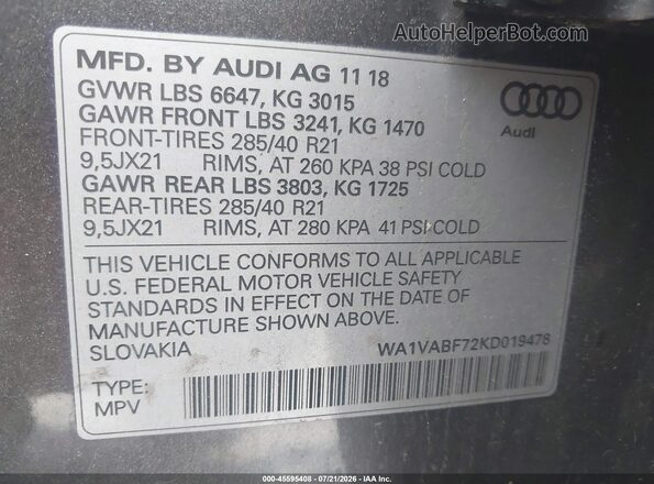 WA1VABF72KD019478 2019 AUDI Q7 Gray Вид підкапотного простору