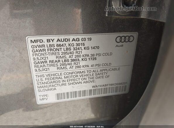 WA1VABF78KD038231 2019 AUDI Q7 Gray Widok komory silnika
