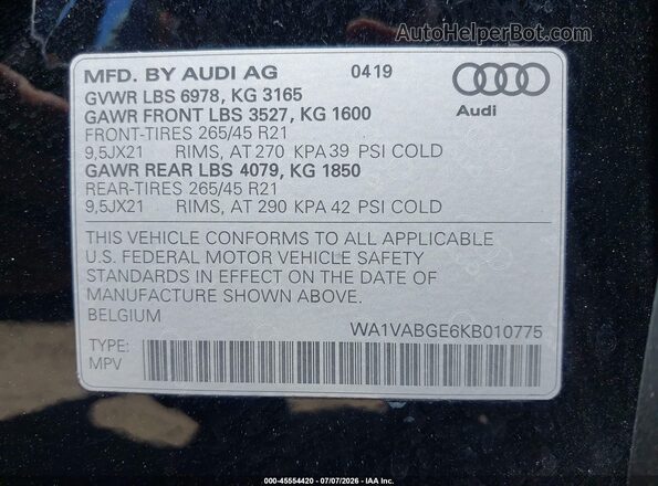 WA1VABGE6KB010775 2019 AUDI E-TRON Black Вид підкапотного простору