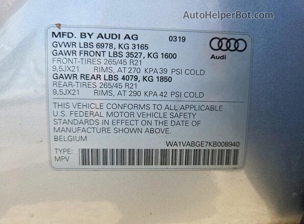 WA1VABGE7KB008940 2019 AUDI E-TRON Silver Engine compartment view