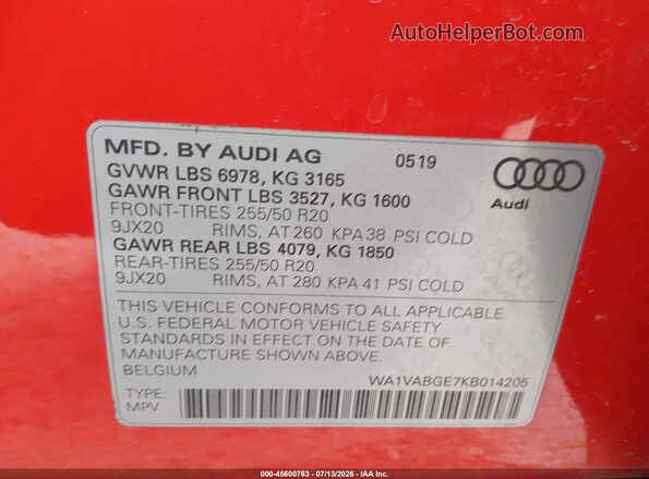 WA1VABGE7KB014205 2019 AUDI E-TRON Orange ძრავის განყოფილების ხედი