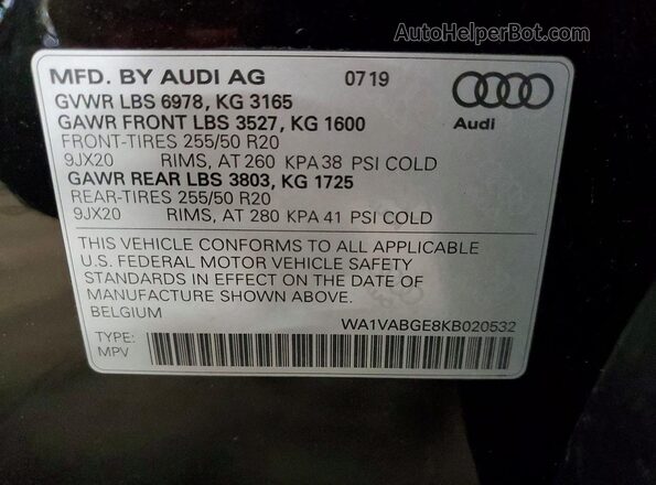 WA1VABGE8KB020532 2019 AUDI E-TRON Black Widok naklejki z numerem VIN