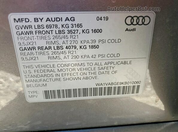 WA1VABGE9KB010060 2019 AUDI E-TRON Gray VIN կոդի պիտակի տեսք