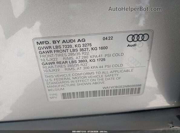 WA1VCBGE2NB035588 2022 AUDI OTHER Gray Շարժիչի բաժամունքի տեսք