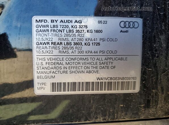 WA1VCBGE3NB039763 2022 AUDI E-TRON Black Вид наклейки з VIN-кодом