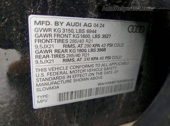 WA1VWBF75SD005320 2025 AUDI SQ7 Black Vista de la etiqueta del VIN