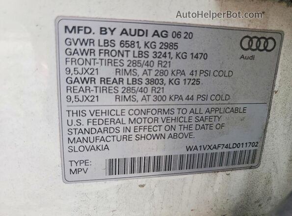 WA1VXAF74LD011702 2020 AUDI Q7 White VIN sticker view