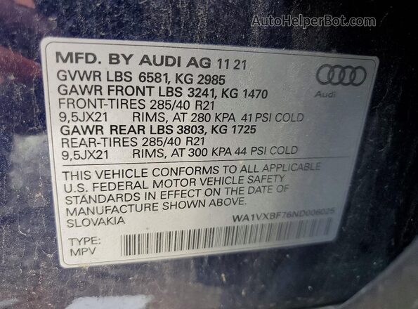 WA1VXBF76ND006025 2022 AUDI Q7 Blue VIN კოდის სტიკერის ხედი