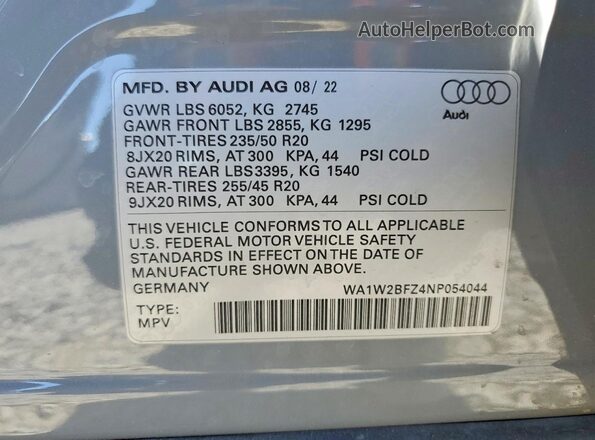 WA1W2BFZ4NP054044 2022 AUDI Q4 Gray VIN კოდის სტიკერის ხედი