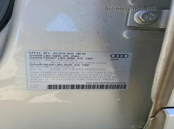 WA1W7AFP6HA033598 2017 AUDI Q5 Silver Vista de la etiqueta del VIN