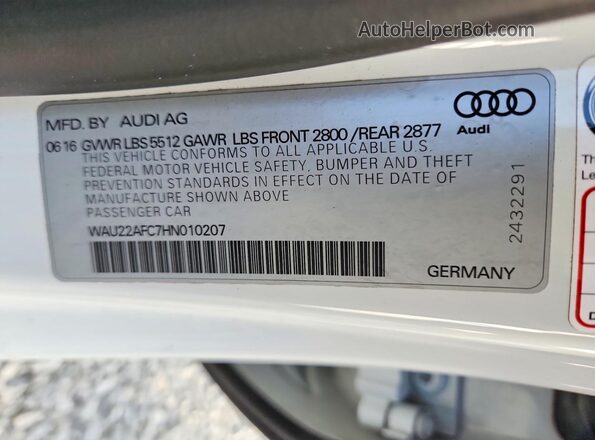 WAU22AFC7HN010207 2017 AUDI A7 White VIN კოდის სტიკერის ხედი