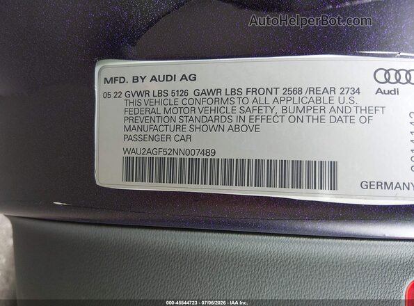 WAU2AGF52NN007489 2022 AUDI OTHER Purple Vista del compartimento del motor