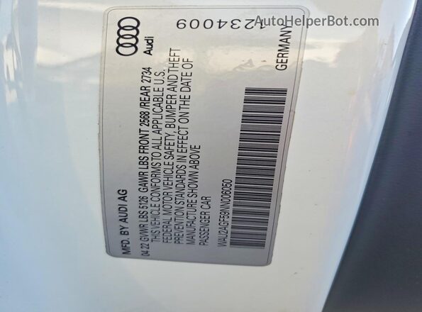 WAU2AGF59NN006050 2022 AUDI A5 White Вид наклейки з VIN-кодом
