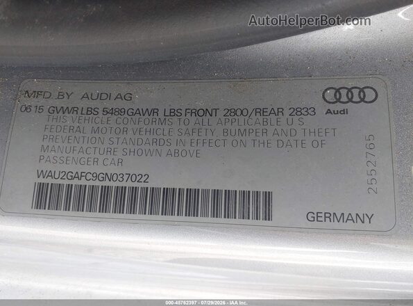WAU2GAFC9GN037022 2016 AUDI A7 Silver Engine compartment view