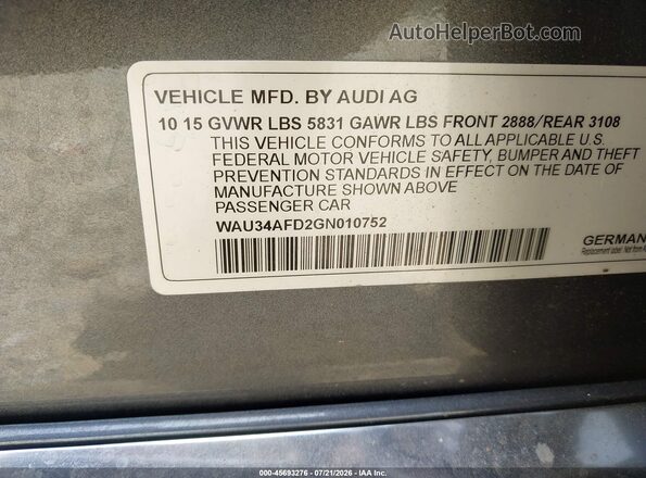 WAU34AFD2GN010752 2016 AUDI OTHER Gray Շարժիչի բաժամունքի տեսք