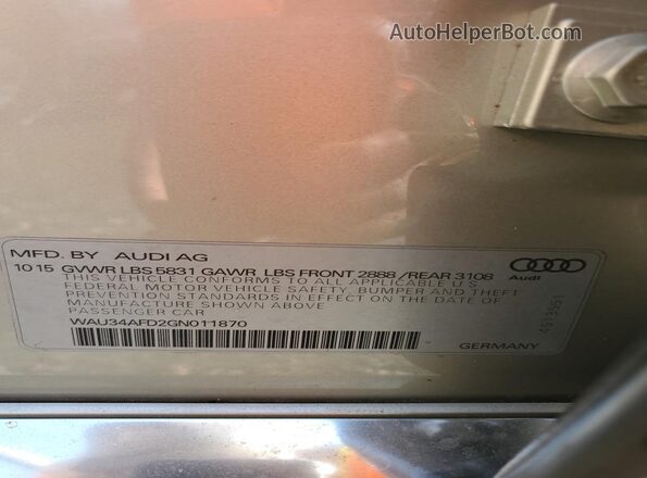 WAU34AFD2GN011870 2016 AUDI A8 Gold Vista de la etiqueta del VIN