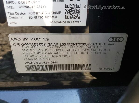 WAU43AFD1HN010394 2017 AUDI A8 Black Vista del compartimento del motor