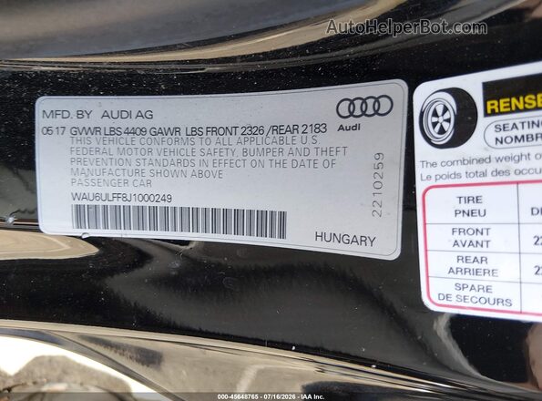 WAU6ULFF8J1000249 2018 AUDI A3 Black ძრავის განყოფილების ხედი
