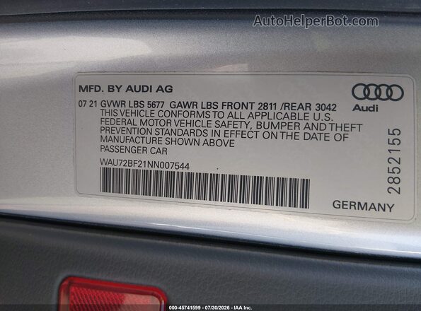 WAU72BF21NN007544 2022 AUDI OTHER Silver Вид підкапотного простору