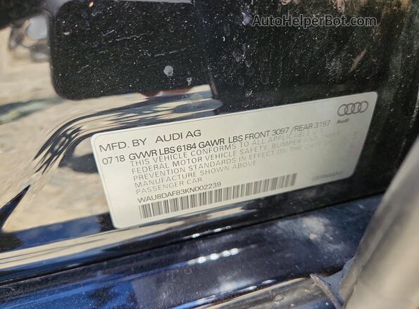 WAU8DAF83KN002239 2019 AUDI A8 Black Vista de la etiqueta del VIN